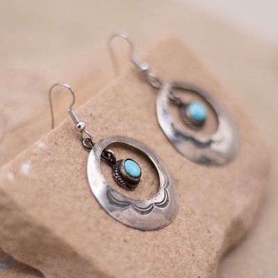 Round Earring with Hand Stamp and Loose Turquoise Center