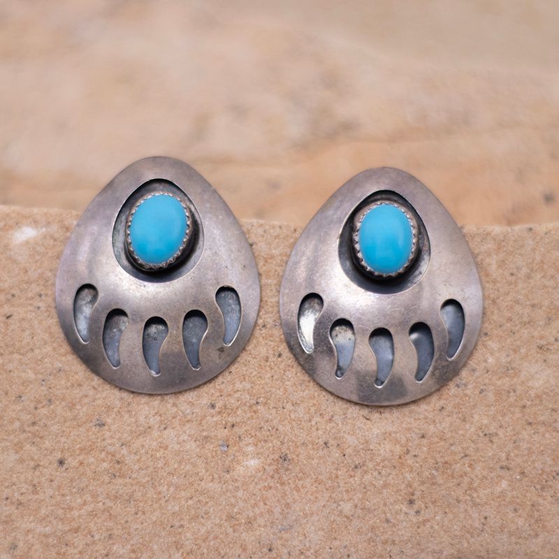 Vintage Bear Paw Post Earrings with Turquoise