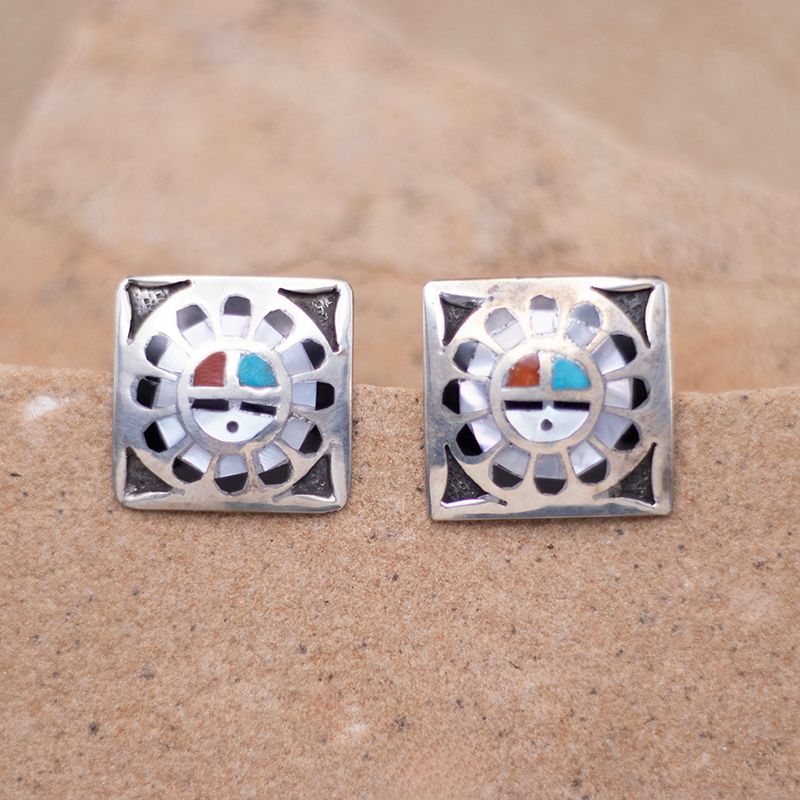 Square Inlay Sunface Post Earrings