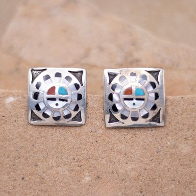 Square Inlay Sunface Post Earrings
