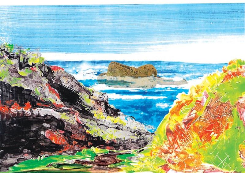 A valley image with sea in the back ground built up with mainly black and orange, yellow and green slopes with some grey (rocks) on the edges. Ochre coloured island in the sea in the sea created from a photographic image of a sculpture of a naked woman.