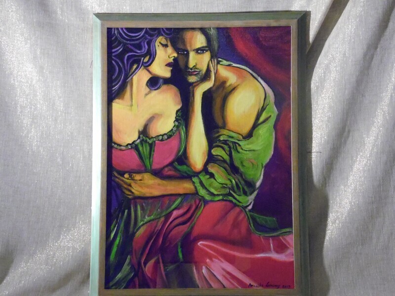 Romantiek; intimiteit -  Vlasdoek - Acrylic - H 70 cm ( + frame 77) - Br 50 cm ( + frame 57 cm)