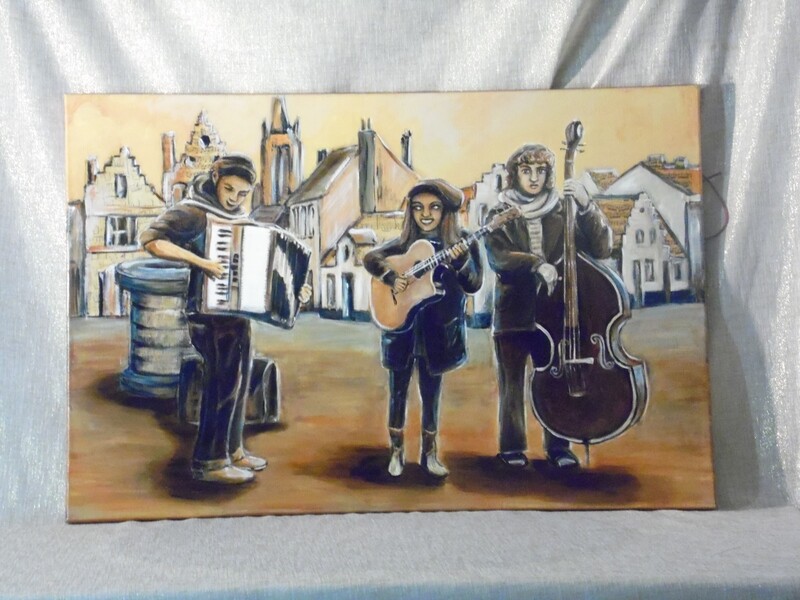 Het orkestje - Vlasdoek - Acrylic - 60 cm op 90 cm