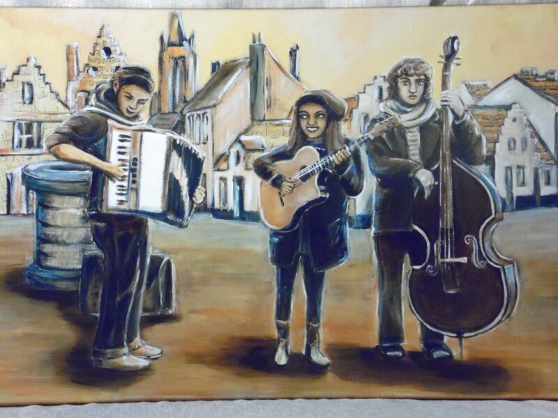 Het orkestje - Vlasdoek - Acrylic - 60 cm op 90 cm