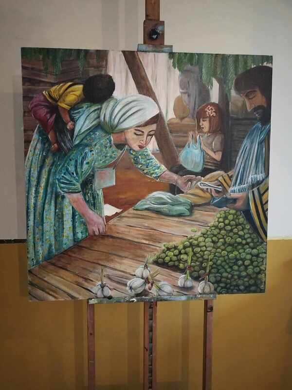 Marktdag - Vlasdoek - Acrylic - 89 cm op 89 cm