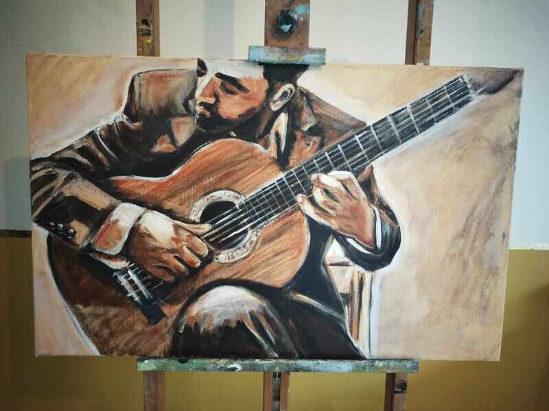 De gitarist - Vlasdoek - Acrylic - 50 cm op 80 cm