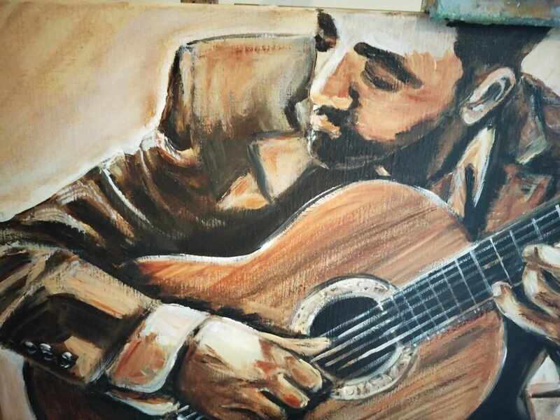 De gitarist - Vlasdoek - Acrylic - 50 cm op 80 cm