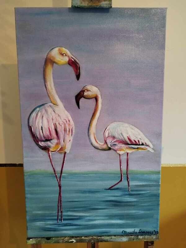 2 flamingo's - Vlasdoek - Acrylic - 48 cm op 78 cm