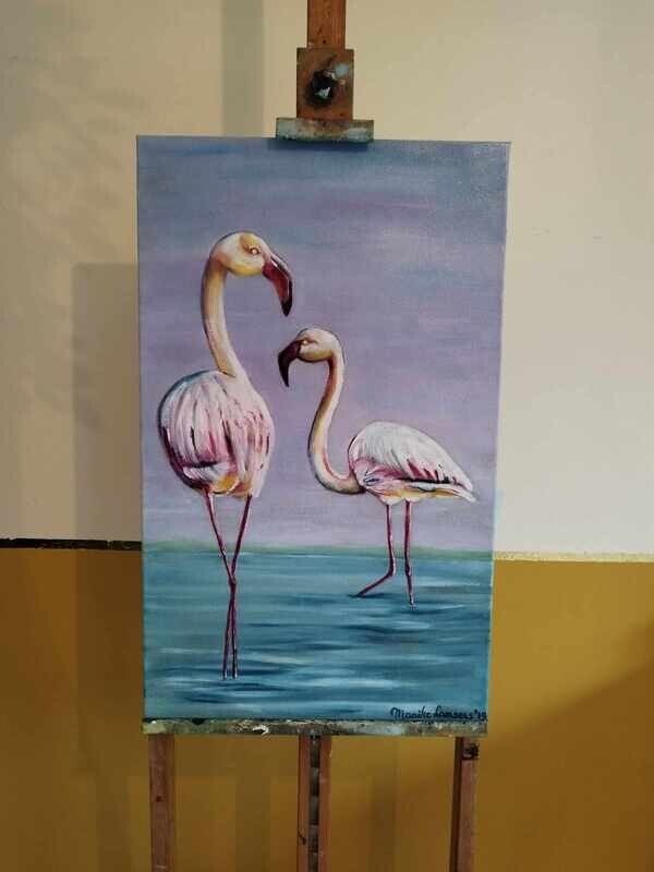 2 flamingo&#39;s - Vlasdoek - Acrylic - 48 cm op 78 cm