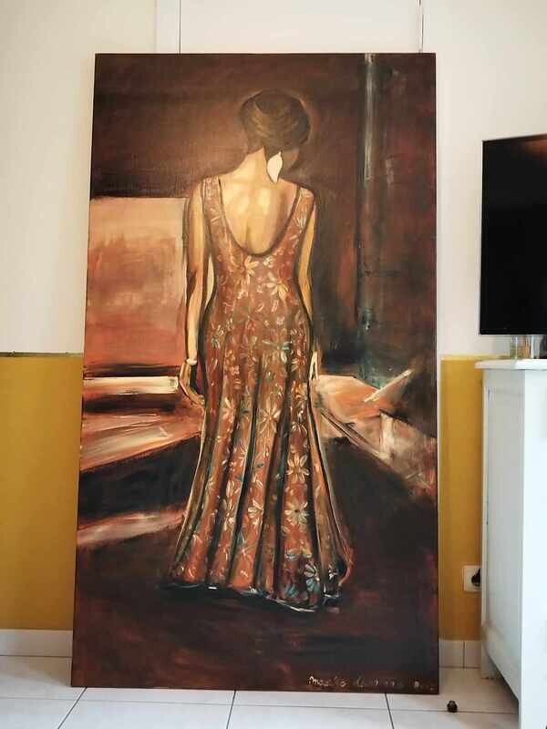 Mysterieuze vrouw - Mysterious woman - Vlasdoek - Acrylic - 1 m 80 op 1 m