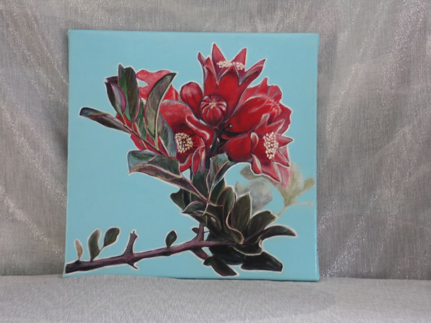 Granaatappelbloesem - Vlasdoek - Acrylic - 50 cm op 50 cm