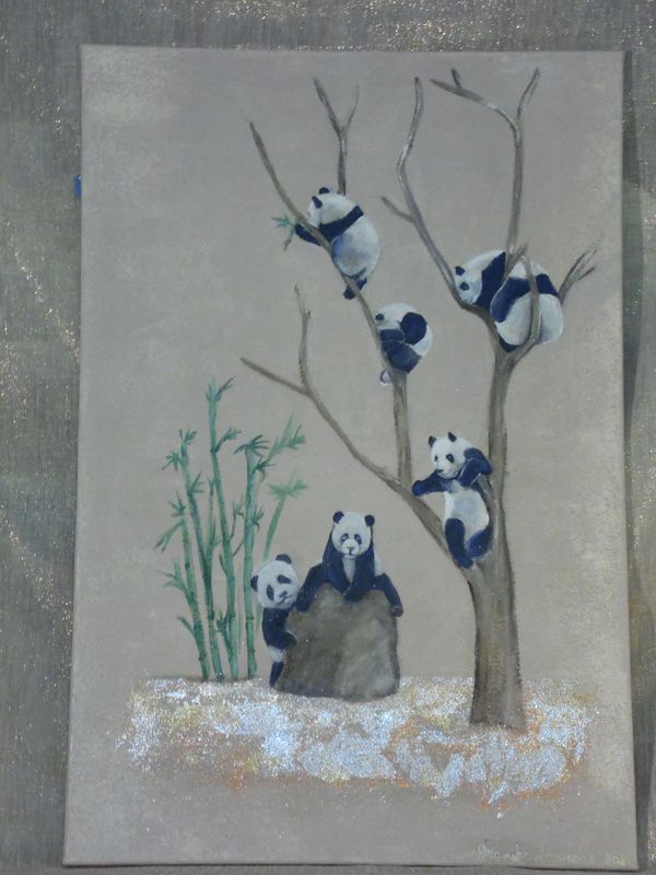 My playing panda&#39;s, -Vlasdoek - Acrylic - 90 cm op 60 cm