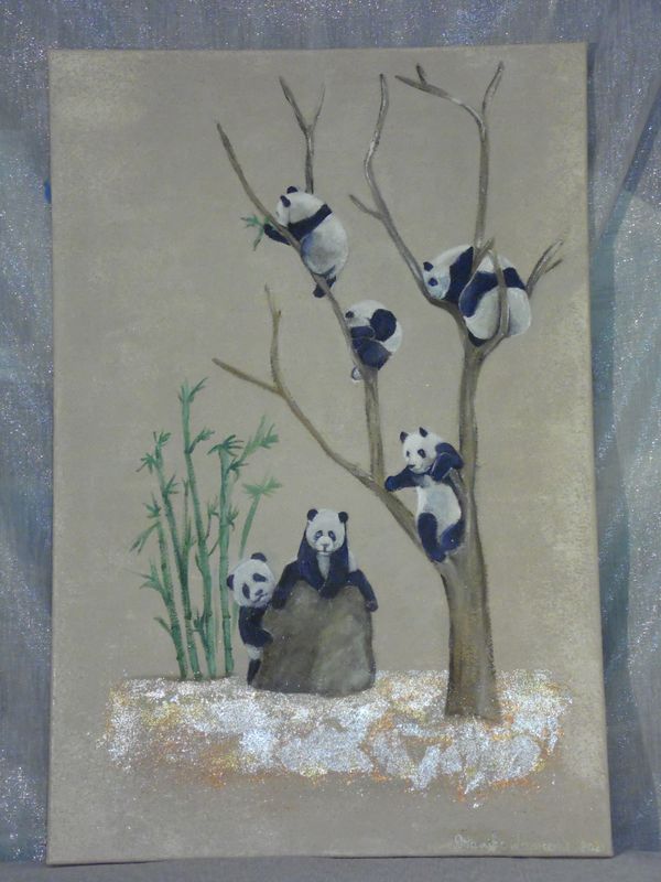 My playing panda's, -Vlasdoek - Acrylic - 90 cm op 60 cm