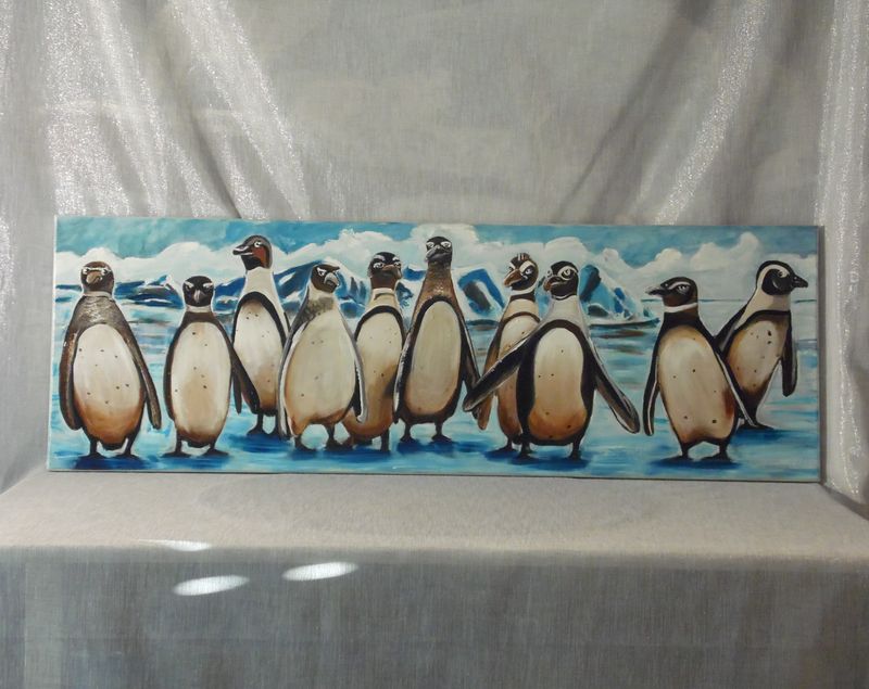 De 10 pinguïns (Cartoon) - Vlasdoek - Acrylic - 40 cm op 120 cm
