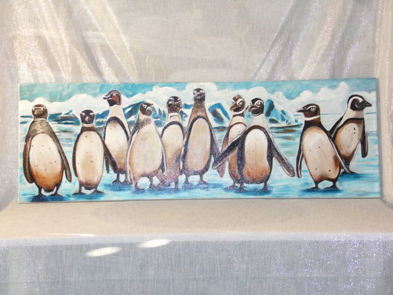De 10 pinguïns (Cartoon) - Vlasdoek - Acrylic - 40 cm op 120 cm