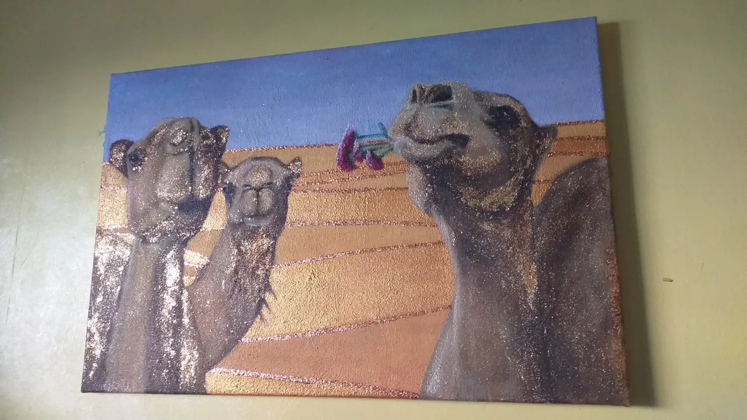 My camels are coming - Acrylic met zand - Vlasdoek - 60 cm op 90 cm