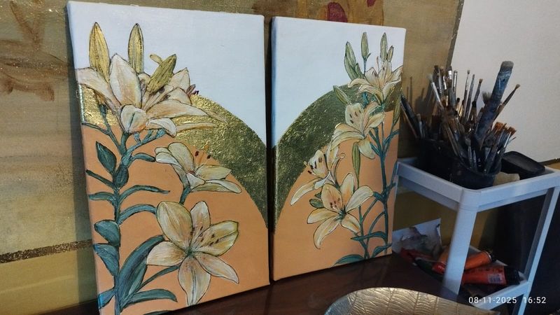 Lelies (2 werken) - Vlasdoek - Acrylic - 30 cm op 50 cm