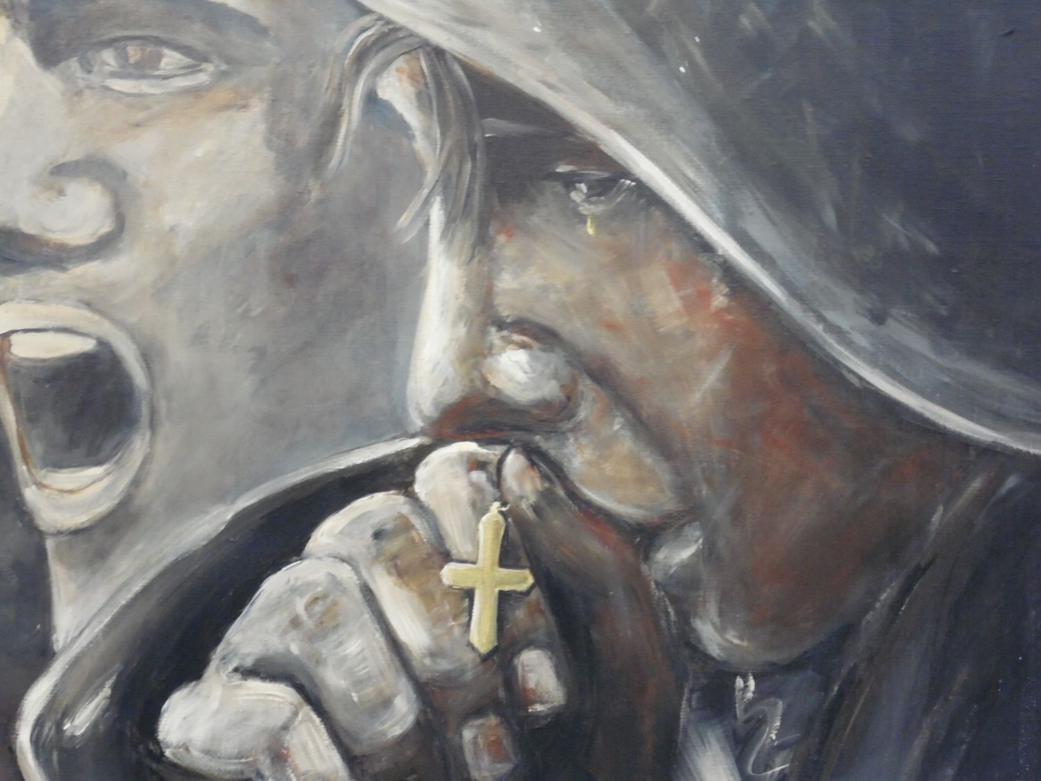 Psalm 71:1 (Soldaat dat zijn kruisje kust) Vlasdoek - Acrylic - 122 cm op 73, 50 cm