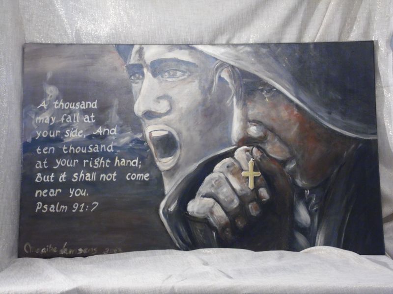 Psalm 71:1 (Soldaat dat zijn kruisje kust) Vlasdoek - Acrylic - 122 cm op 73, 50 cm
