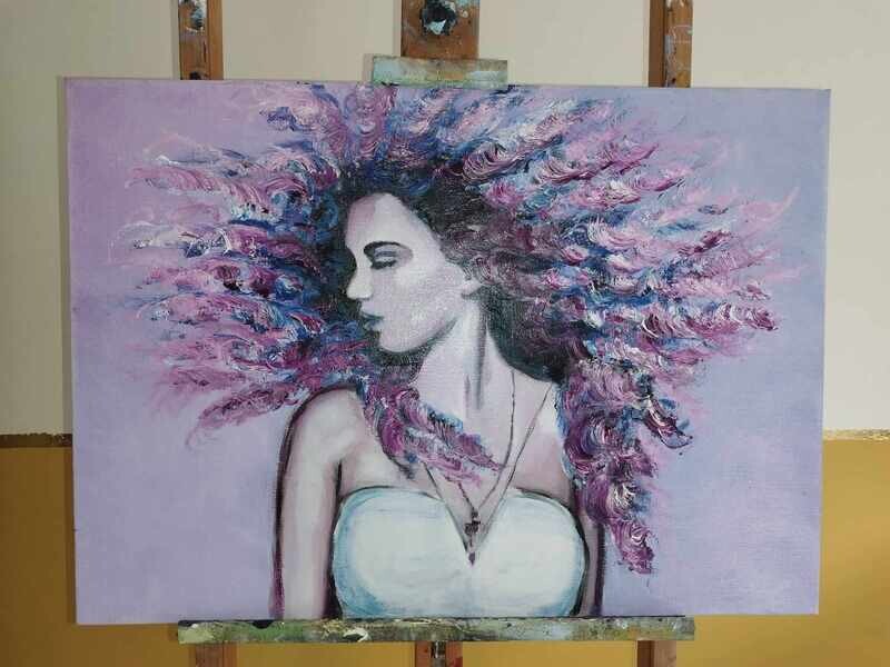 Meisje met wilde lokken - Vlasdoek - Olieverf - 50 cm op 70 cm