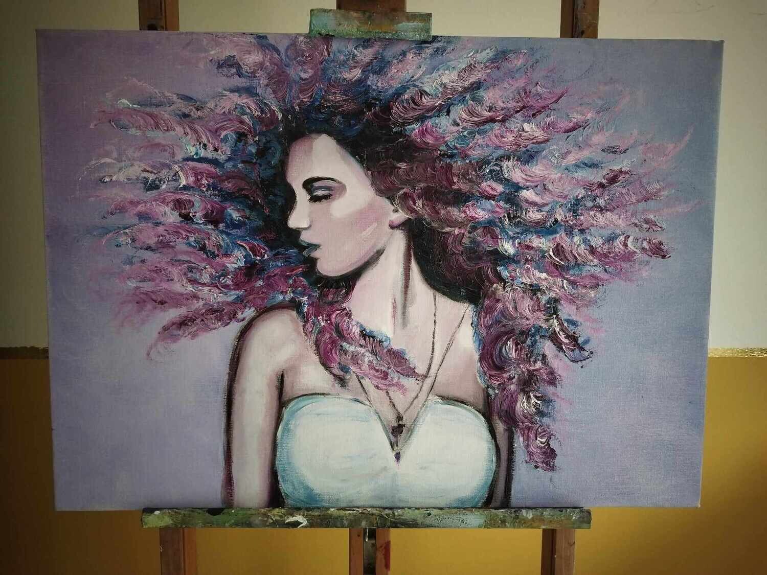 Meisje met wilde lokken - Vlasdoek - Olieverf - 50 cm op 70 cm