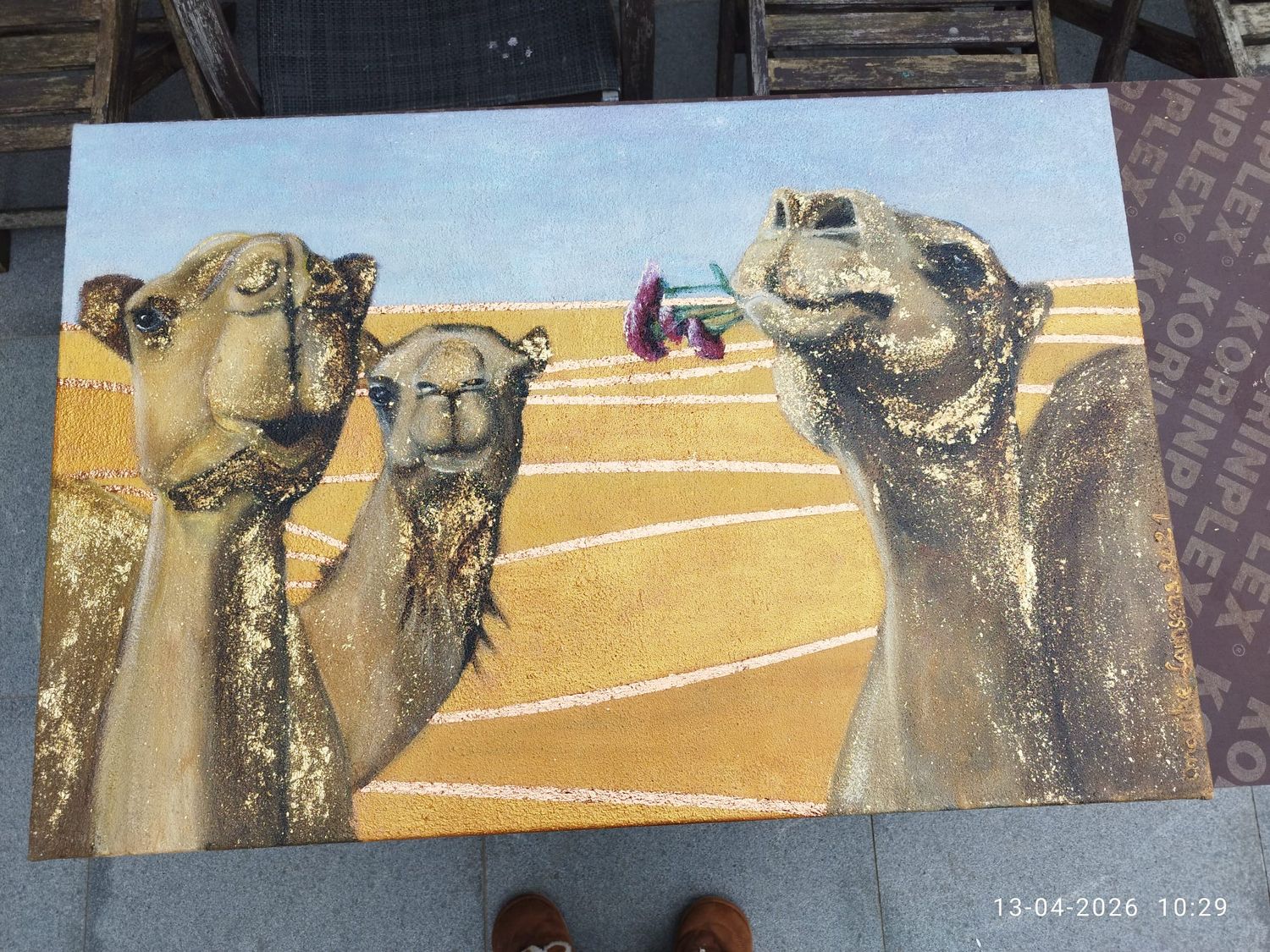My camels are coming - Acrylic met zand - Vlasdoek - 60 cm op 90 cm