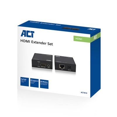 ACT HDMI extender set, single Cat6, 60 meter, 3D en IR ondersteuning - AC7810