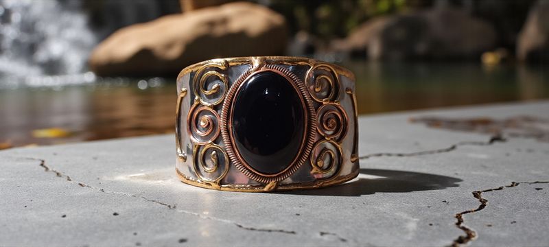 Handgemaakte armband koper op metaal met Zwarte Onyx