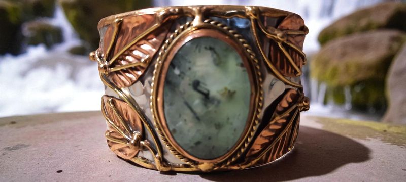 Handgemaakte armband koper op metaal en Prehniet met Toermalijn