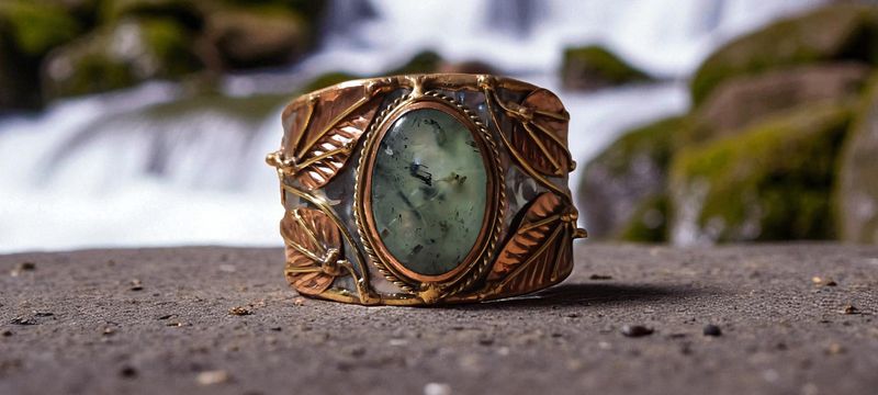 Handgemaakte armband koper op metaal en Prehniet met Toermalijn