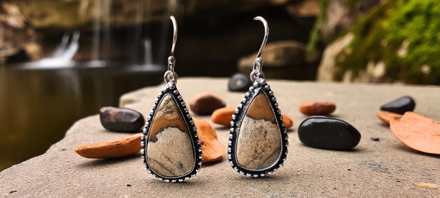 Handgemaakte oorbellen zilver op metaal met Picture Jaspis Handgemaakte oorbellen zilver op metaal met Picture Jaspis