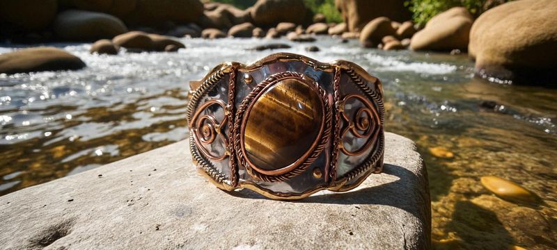 Handgemaakte armband koper op metaal en Tijgeroog