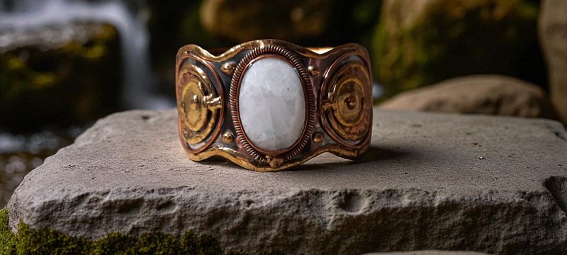 Handgemaakte armband koper op metaal en Maansteen