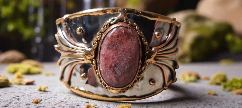Handgemaakte armband koper op metaal en Rhodoniet