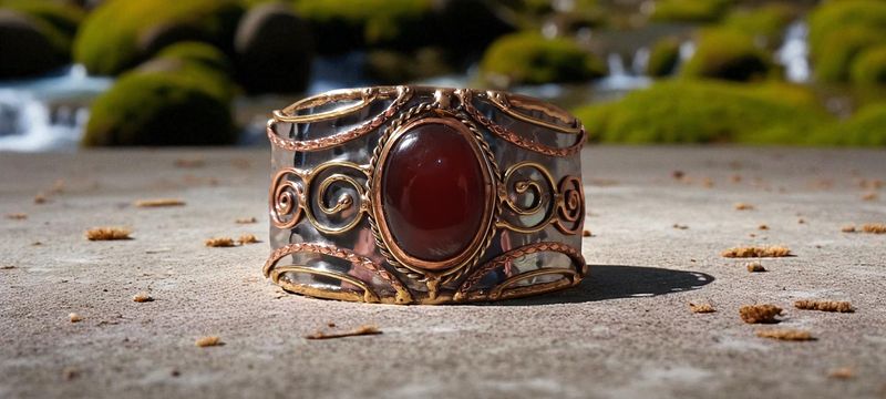 Handgemaakte armband koper op metaal en Rode Onyx