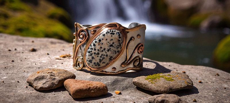 Handgemaakte armband koper op metaal en Dalmatiër Jaspis Handgemaakte armband koper op metaal en Dalmatiër Jaspis