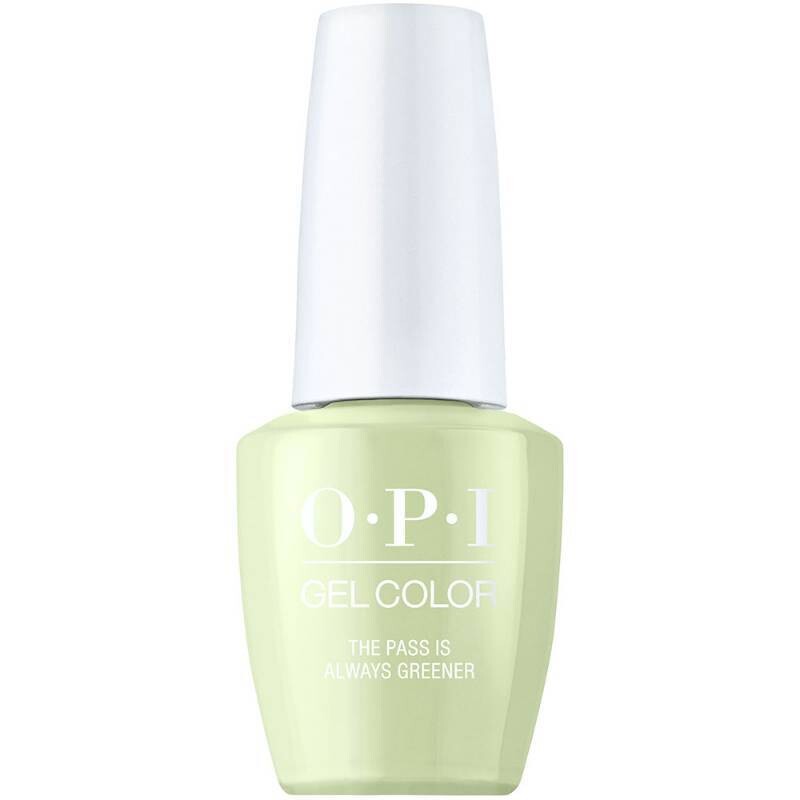 Green glossy gel polish by OPI, The Pass is Always Greener. Perfect for a fresh and vibrant look.