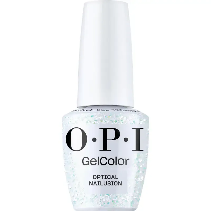 White glitter gel polish by OPI, Optical Nailusion. For a magical and sparkling nail finish.