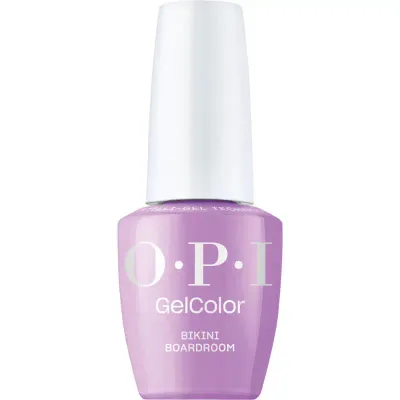Vernis gel OPI GelColor Bikini Boardroom en violet pailleté. Teinte violette profonde avec paillettes scintillantes pour une finition audacieuse et festive.