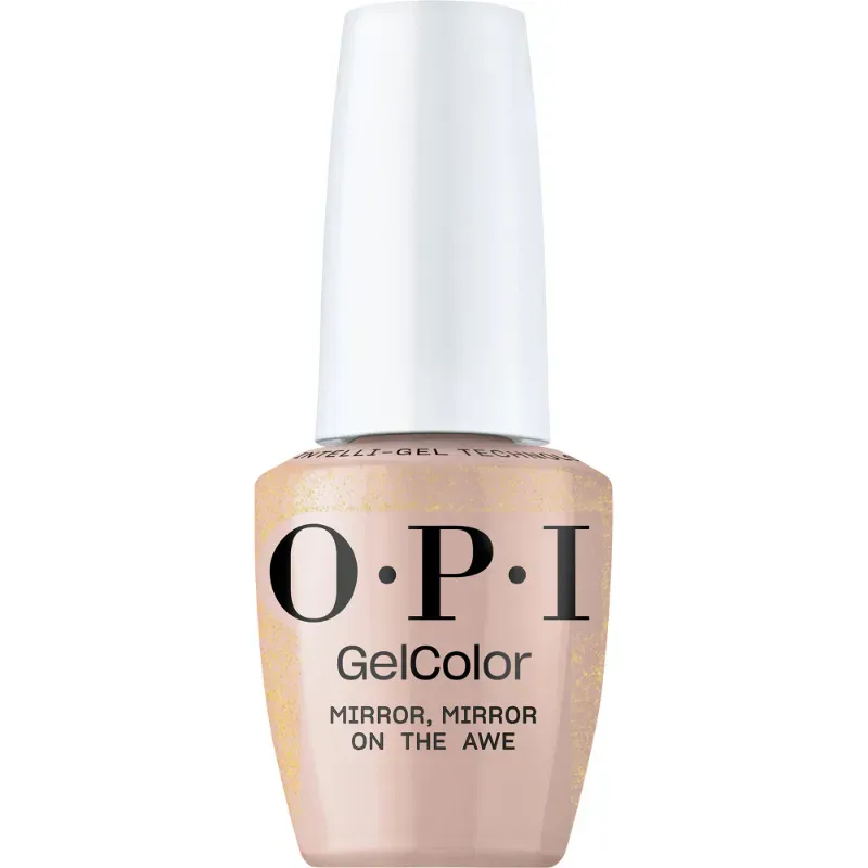 Gellak OPI GelColor Mirror, Mirror on the Awe – nude met glinsters voor een subtiele en sprookjesachtige nagelstijl.