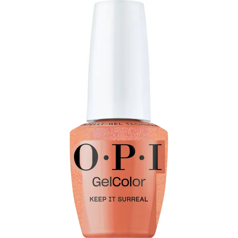 Gellak OPI GelColor Keep It Surreal – een dromerige roze tint met glinstering voor een zachte, magische nagelstijl.