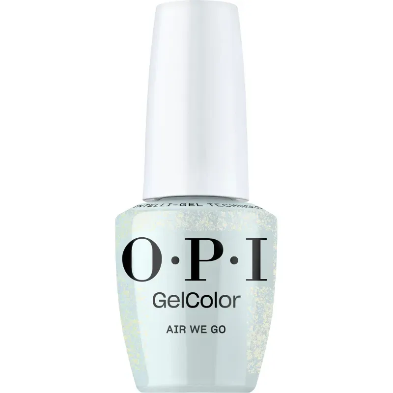 Gellak OPI GelColor Air We Go – een sprankelende blauwe tint met glinstering voor een frisse, levendige nagelstijl.