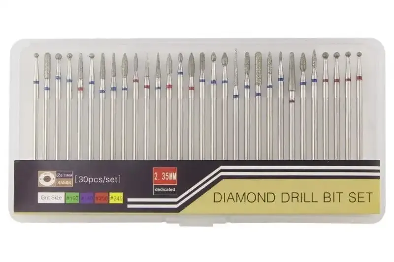 30-piece drill bit set for nail drill with bits in different grits and diamond coating, designed for professional nail technicians. Suitable for manicures and pedicures.