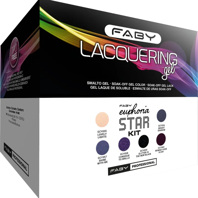 Komplettes Euphoria Star Kit von FABY mit 6 Gellacken – vegan, professionell und langanhaltend für Naturnägel.