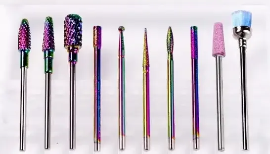 Diamond-coated bit set for electric nail drill, including 3 bits for removing gel or acrylic nails – precision and durability.