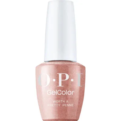 OPI GelColor Worth a Pretty Penne gel polish – a warm metallic pink for a polished and elegant style.