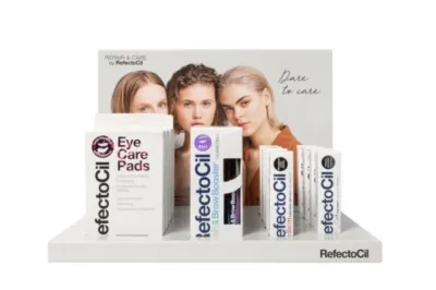 Care display met producten RefectoCil Care Display met Eye Care Pads, Lash Serum, Styling Gel en Care Balm voor salonverkoop en verzorging.