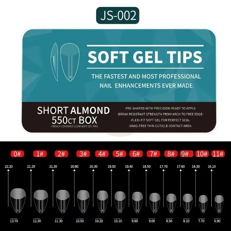Short almond soft gel tips voor nagelverlenging, flexibel en duurzaam, ideaal voor een elegante en natuurlijke nagellook. Perfecte pasvorm voor een comfortabele manicure.