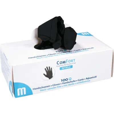 Nitril-Handschuhe - Medium (100 Stück) Geöffnete Box schwarze Nitrilhandschuhe Größe M – puderfreie Einweghandschuhe