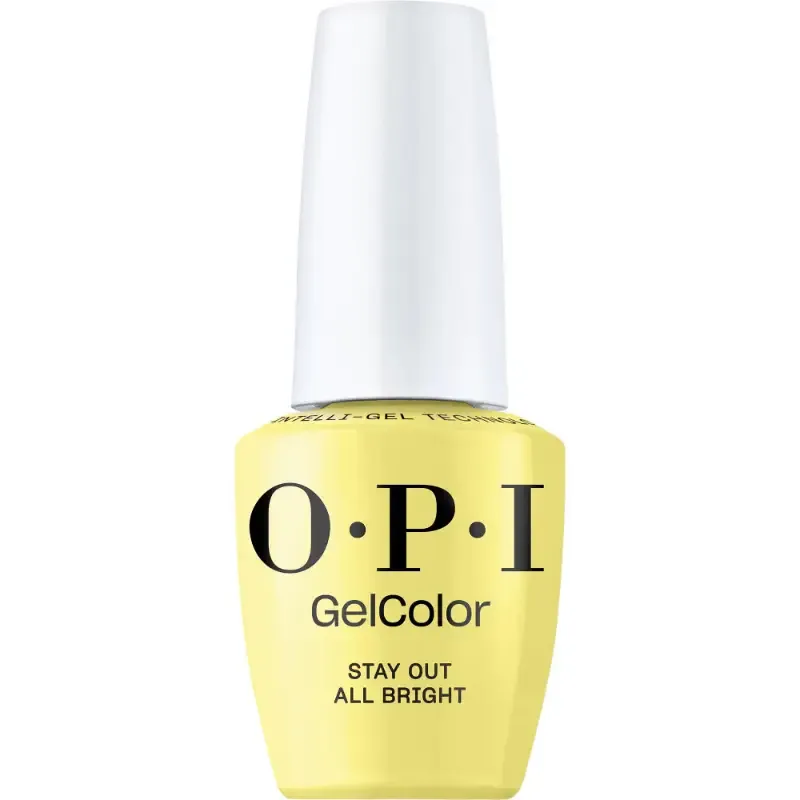Vernis gel OPI GelColor Stay Out All Bright en jaune brillant. Teinte jaune vive et lumineuse avec une finition brillante.